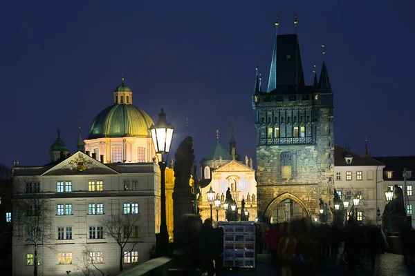 Prag Tjeckien Utsikt Över Natt Staden Från Karlsbron Karlsbron Aktiv — Stockfoto