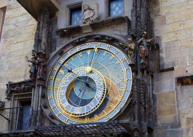 Prag, Çek Cumhuriyeti, 01/03/2017, Prag Astronomik Saat. Saat yıl, ay, gün ve saat, gündoğumu ve günbatımı kez, Ayın doğuşu ve günbatımı kez ve Zodiac Signs konumunu gösterir. Kadran merkezinde Dünya.