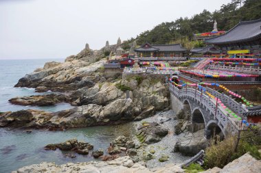 Busan, Güney Kore, 04/25/2017, Hadon Engunsa Tapınağı. Buda. Budist Tapınağı Hadon Enhansa, taş bir uçurum, deniz kıyısında alışılmamış bir şekil üzerinde yer almaktadır.