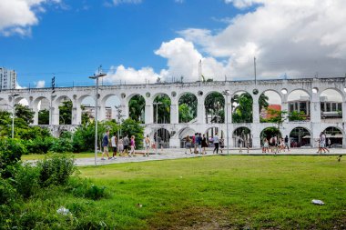Rio de Janeiro, Brezilya, 03 / 06 / 2020, Carioca Aqueduct (Arcos da Lapa, Lapa Arches) Bu Rio de Janeiro 'nun koloni dönemindeki en çarpıcı manzaralarından biri, 