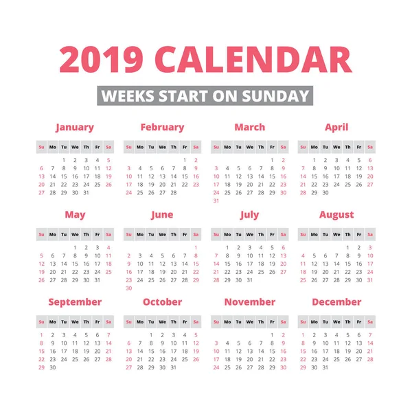Rok kalendarzowy 2019 proste — Wektor stockowy