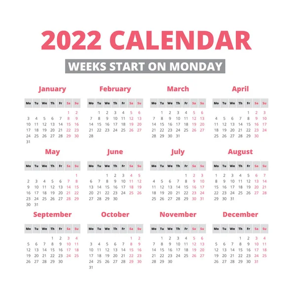 Calendario simple de 2022 años — Vector de stock