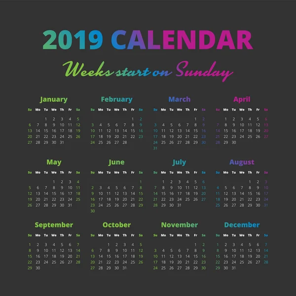 Rok kalendarzowy 2019 proste, tygodni uruchomić w niedzielę — Wektor stockowy