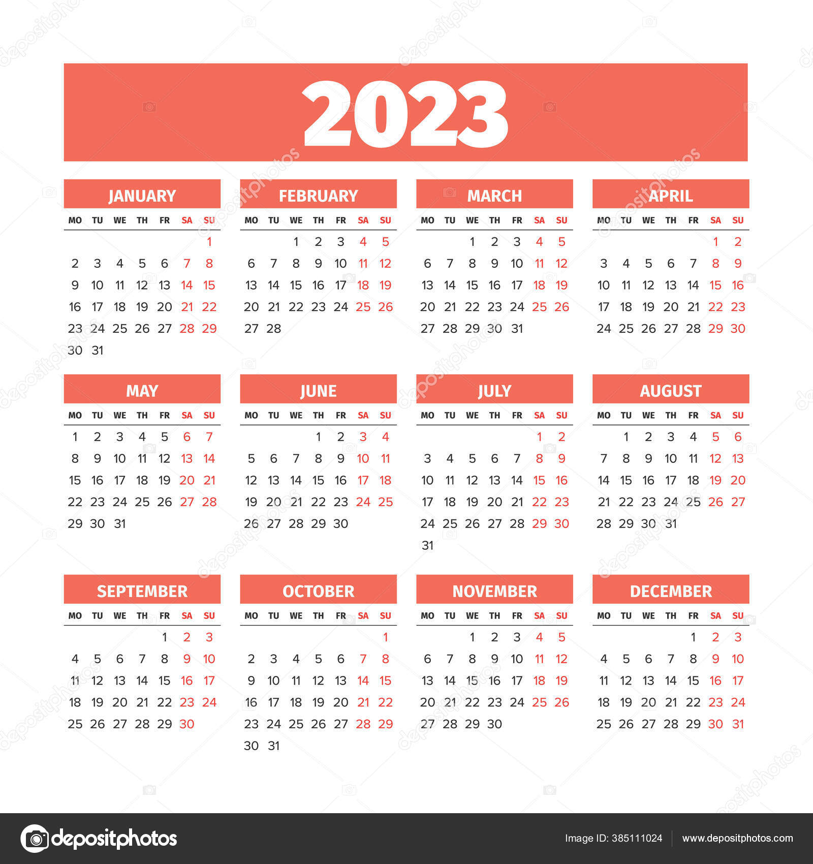 2023 Calendario Con Las Semanas Comienzan El Lunes Vector De Stock