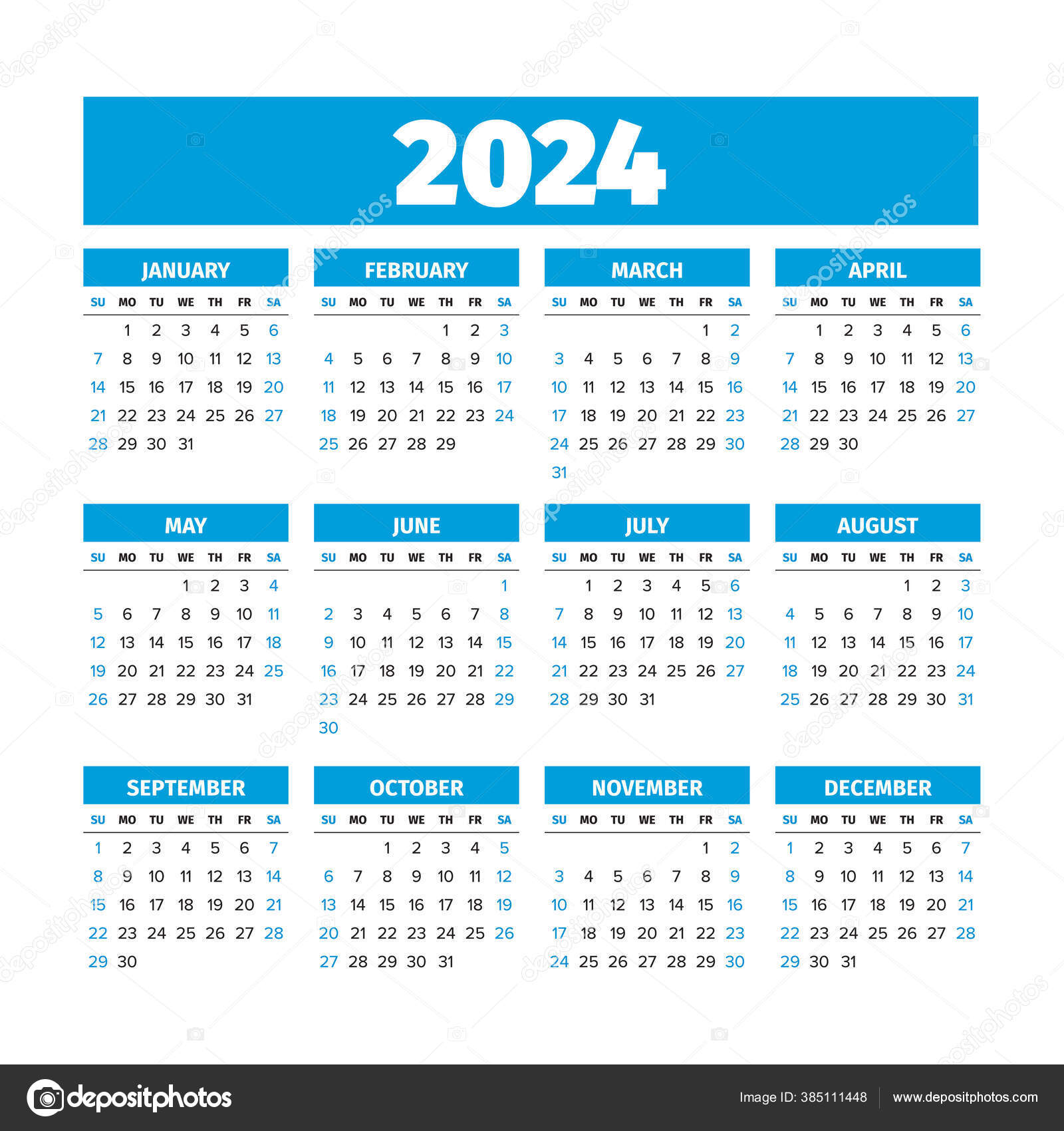 Kalender 2024 dengan minggu dimulai pada hari Minggu Vektor Stok oleh