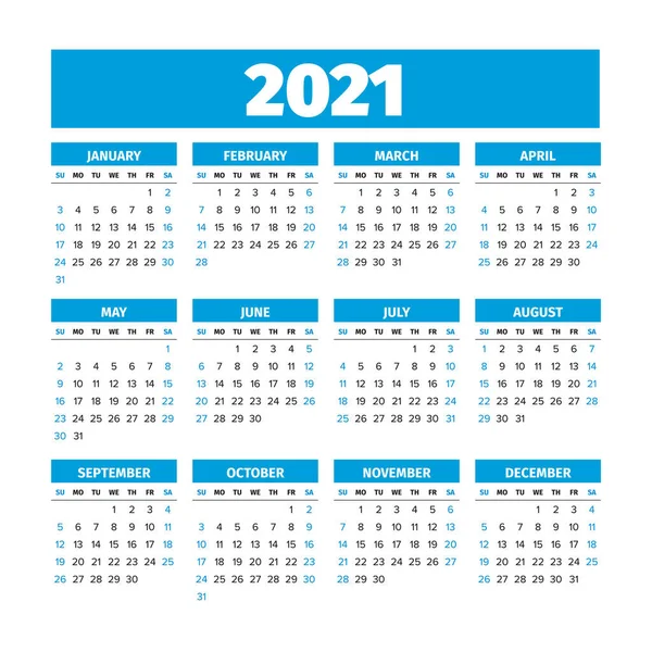 2021 Calendario con las semanas comienzan el domingo — Vector de stock