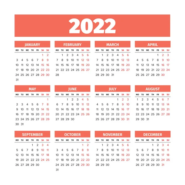 2022 Calendar with the weeks start on Monday — Stock Vector