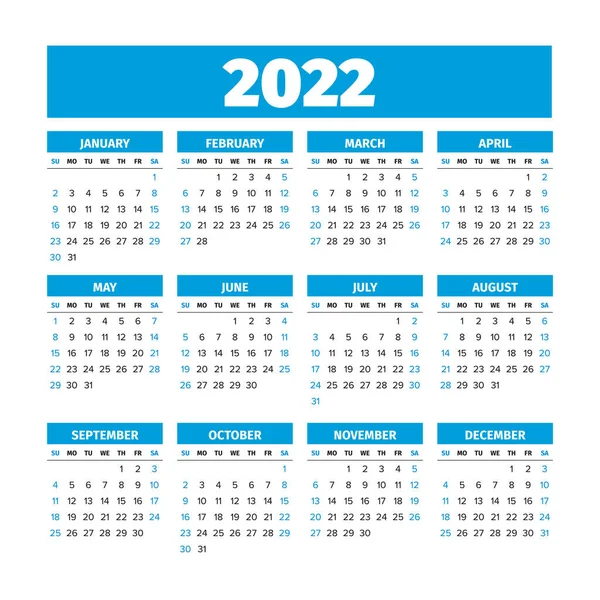 Haftaları Pazar günü başlayan 2022 Takvimi — Stok Vektör