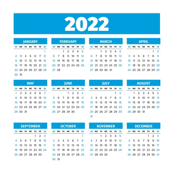 2022 Calendário com as semanas começam no domingo —  Vetores de Stock