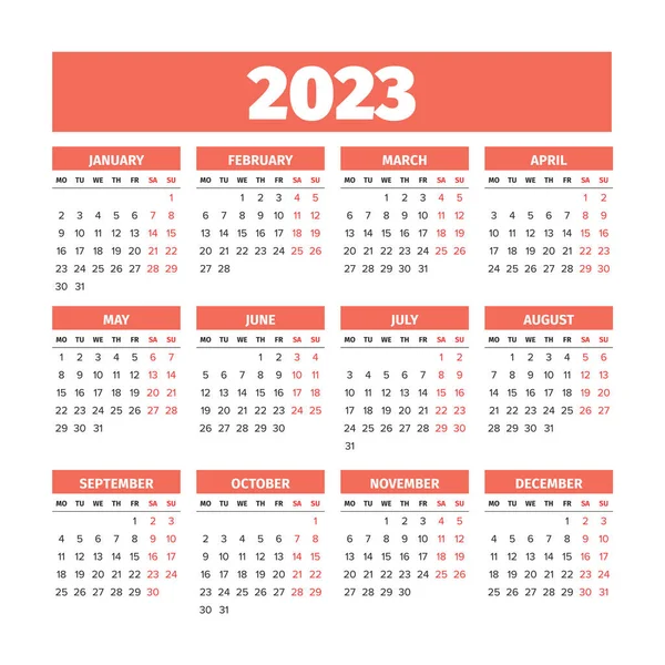 2023 Calendar with the weeks start on Monday — Stock Vector
