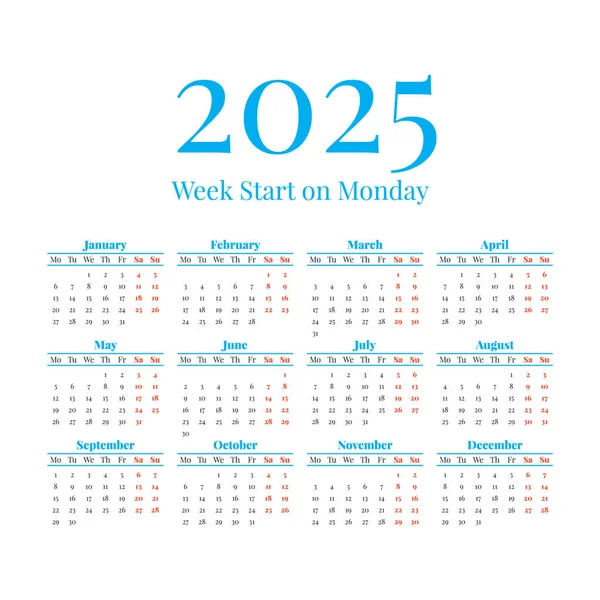2025 Classic calendar. Week days start on Monday — Stock Vector
