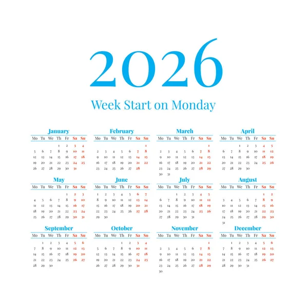 2026 Calendar with the weeks start on Monday — Stock Vector