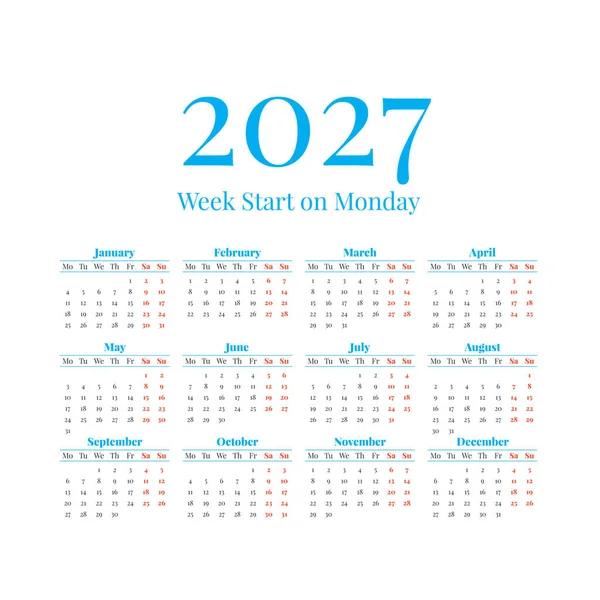 2027 Calendar with the weeks start on Monday — Stock Vector