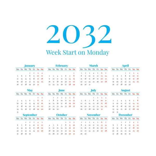 2032 Calendar with the weeks start on Monday — Stock Vector
