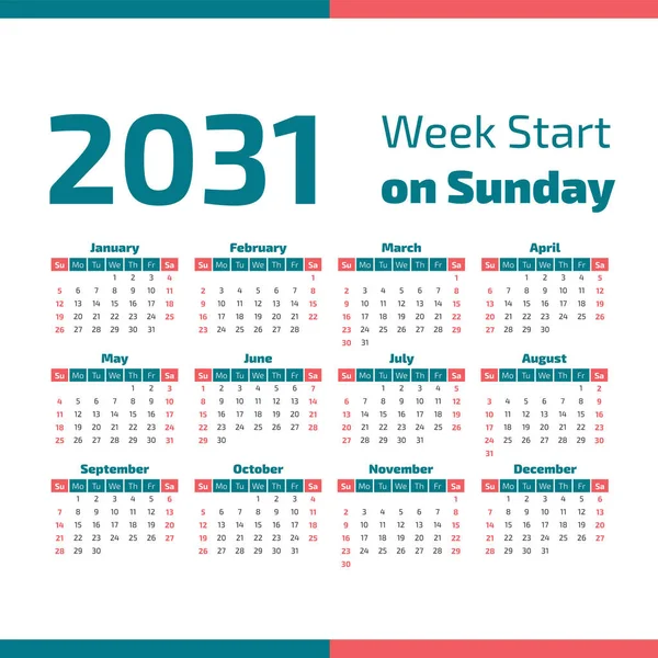 2031 Calendar with the weeks start on Sunday — Stock Vector
