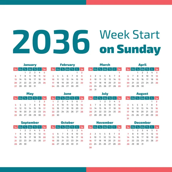 2036 Calendar with the weeks start on Sunday — Stock Vector