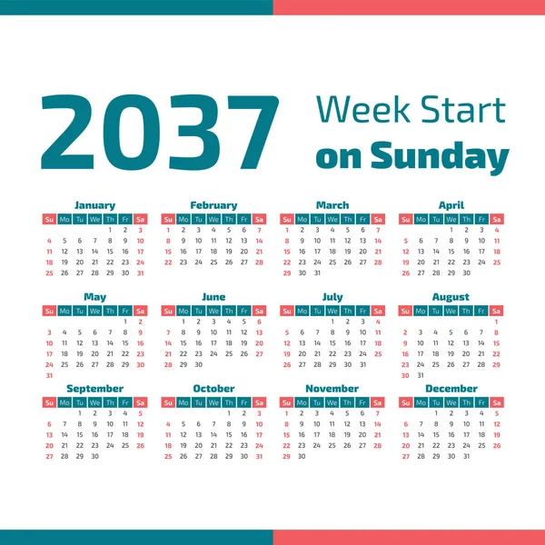 2037 Calendar with the weeks start on Sunday — Stock Vector