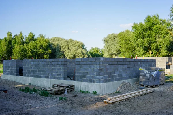Podłoże Betonowe Nowego Domu Widok Placu Budowy Proces Przygotowania — Zdjęcie stockowe