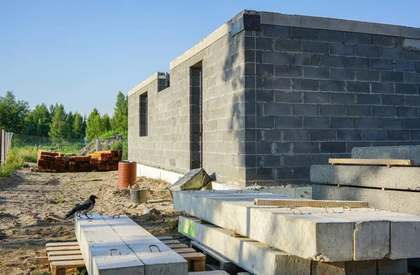 Concrete Stichting Van Een Nieuw Huis Uitzicht Bouwplaats Voorbereiding — Stockfoto