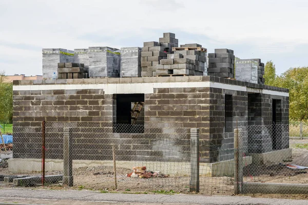 Concrete Stichting Van Een Nieuw Huis Uitzicht Bouwplaats Voorbereiding — Stockfoto