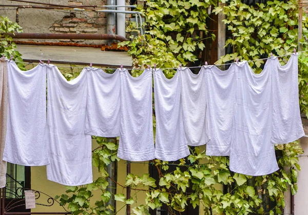 Blick Auf Den Haushalt Weiße Handtücher Trocknen Auf Seilen Wäscheklammern — Stockfoto