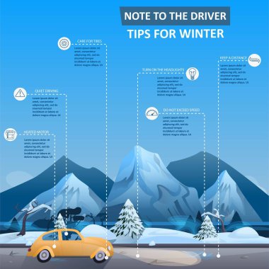 Sürücüler için Infographics. Mevsim kış, yararlı ipuçları. Poster, afiş veya arka plan şablonu. Sürüş güvenliği. 