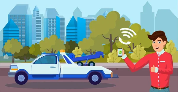 Ne zaman bir araba yıkar çekici çağırayım. Bir adam bir cep telefonu ile arama simgesi elinde tutar. Çekici yolda meydan okumak için gidiyor. Arka plan Web siteleri, broşür, afiş ve posterler için.