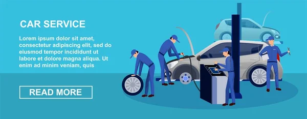 Empat Mekanik Pemeliharaan Dan Perbaikan Mobil Spanduk Horizontal Datar Dengan - Stok Vektor