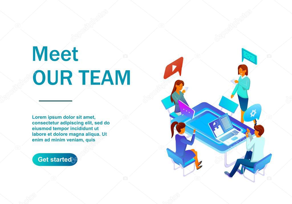 Isometric illustration of a meet Our Team. Made with gradients of red orange and blue shades. Background for sites, banners, posters. People discuss the project with icons above their heads