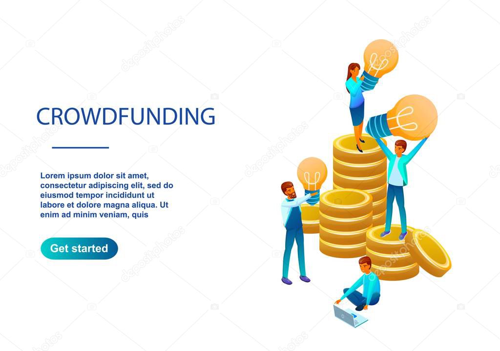 Isometric illustration of a crowdfanding. Made with gradients of red orange and blue shades. Background for sites, banners, posters. People holding light bulbs standing on stacks of coins