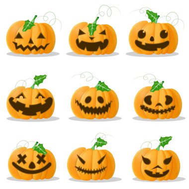 Halloween pumpkins farklı yüzlerle set, izole şirin tasarımı, eğlenceli ve hafta sonu