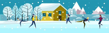 Mavi sarı ve mor düz filmi. Evin arka planda donmuş gölde paten insanlar. İllüstrasyon için kartpostallar, posterler, afişler, Tasarım.