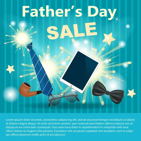 Father Day Verkoop Banner Met Bril Pijp Tablet Boog Stropdas — Stockvector