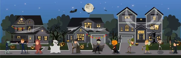 Vektör çizim üç ev ile Cadılar Bayramı için dekore edilmiştir. Işıklar jack, korkunç ağaç, şapka, cadı ve Moğolların çelenk ile. Web için bir poster tasarım ve baskı.