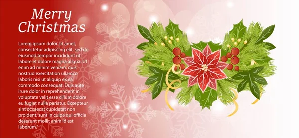 Bir Noel kartı bir yazıt ile bir kompozisyon amelia, köknar şube, parlama, çelenk, Noel topları ve kurdeleler ile dekore edilmiş. Resimde kırmızı, altın ve yeşil renklerde yapılır.