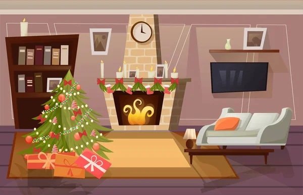 Grafik oturma odası Noel dekorasyon mobilya ile cool: kanepe, Masa, lambalar. Düz stil vektör çizim. Kartları, afiş, Etiketler ve etiketleri için.
