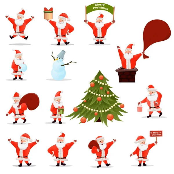 Büyük kümesi Noel çizimler üzerinde beyaz izole karikatür. Komik mutlu Noel Baba karakter. Yılbaşı kartları, afiş, Etiketler ve etiketleri için.