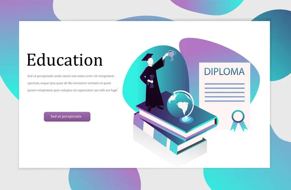 Bir adam kitap yanında dünya üzerinde duruyor ve diploma ve bir fincan elinde tutar. Gösterim amacıyla bir Web sitesi veya kart.