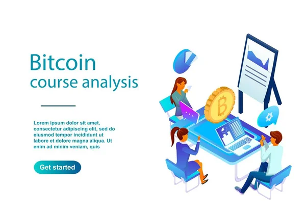 İzometrik çizimde bir Bitcoin ders analizi. Kırmızı turuncu ve mavi tonları degradelerle yaptı. Siteleri, afiş, poster için arka plan. İnsanlar kafalarının üstünde simgelerle projeyi tartışmak