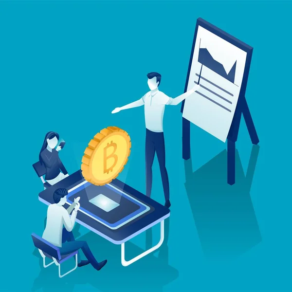 İzometrik çizimde bir Bitcoin ders analizi. Kırmızı turuncu ve mavi tonları degradelerle yaptı. Siteleri, afiş, poster için arka plan. İnsanlar kafalarının üstünde simgelerle projeyi tartışmak
