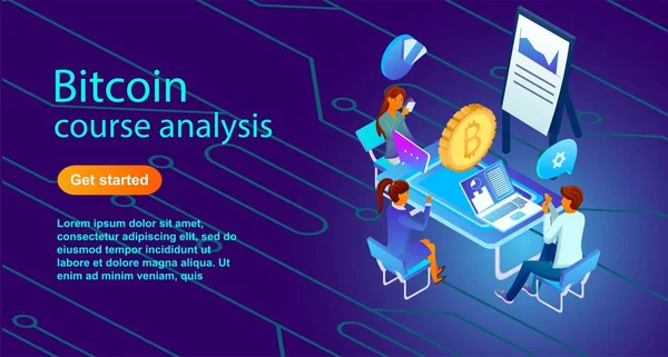 İzometrik çizimde bir Bitcoin ders analizi. Kırmızı turuncu ve mavi tonları degradelerle yaptı. Siteler, afiş, haber için arka plan. İnsanlar kafalarının üstünde simgelerle bitcoin tartışmak