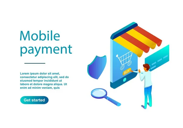 İzometrik çizimde mobil ödeme. Kırmızı turuncu ve mavi tonları degradelerle yaptı. Siteleri, afiş, poster için arka plan. İnsanlar kafalarının üstünde simgelerle projeyi tartışmak