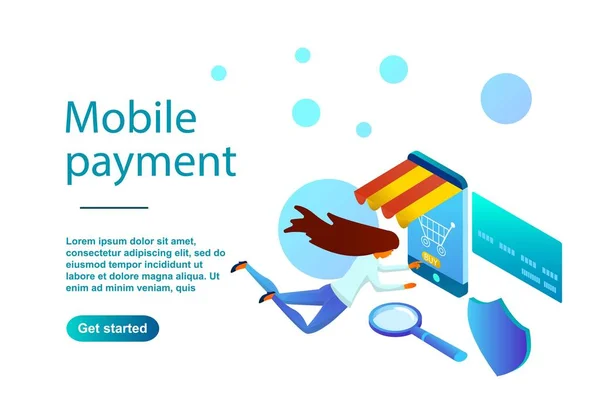 İzometrik çizimde mobil ödeme. Kırmızı turuncu ve mavi tonları degradelerle yaptı. Siteleri, afiş, poster için arka plan. İnsanlar kafalarının üstünde simgelerle projeyi tartışmak