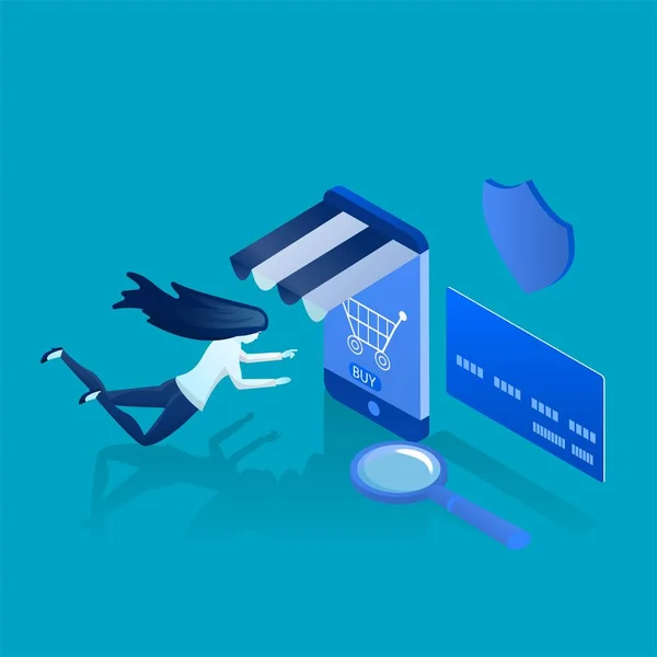 İzometrik çizimde mobil ödeme. Mavi ve beyaz gradyanlar ile yaptı. Siteleri, afiş, poster için arka plan. İnsanlar kafalarının üstünde simgelerle projeyi tartışmak