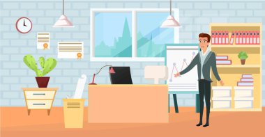 Ofis çalışanları, kira ve satış ofisi için ilginç tasarım. Ofis çalışanı oturur ve grafikler ile tahta üzerinde gösterir. modern ofis iç. Vektör çizgi film resim