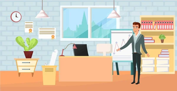 Ofis çalışanları, kira ve satış ofisi için ilginç tasarım. Ofis çalışanı oturur ve grafikler ile tahta üzerinde gösterir. modern ofis iç. Vektör çizgi film resim