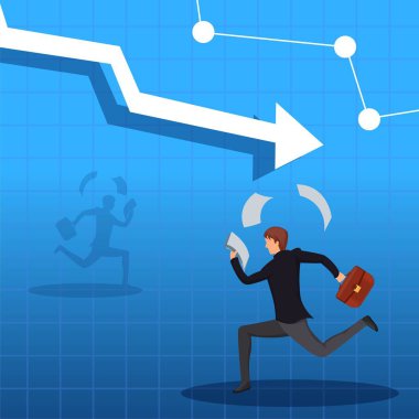 Man runs in panic dropping paper. The collapse of the market, falling stocks, investment outflow, panic in the economic sector of the market. Stock news vector illustration clipart