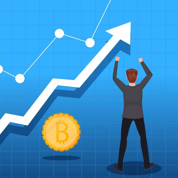 İş kavramı vektör çizim. Büyüme, denge, başarı, iş fırsatları kavramı. Bitcoin borsasında büyüme ile mutlu bir adamdır. Vektör tasarlamak