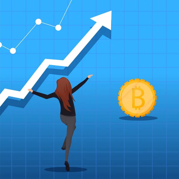 İş kavramı vektör çizim. Büyüme, denge, başarı, iş fırsatları kavramı. Bir kadın bitcoin borsasında büyüme ile mutludur. Vektör tasarlamak