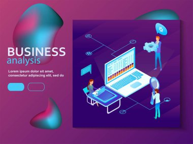 Sosyal medya iş optimizasyon çalışması. İzometrik çizimde bir successeful iş. Gül turuncu ve mavi tonları degradelerle yaptı. Siteleri, afiş, poster için arka plan. 